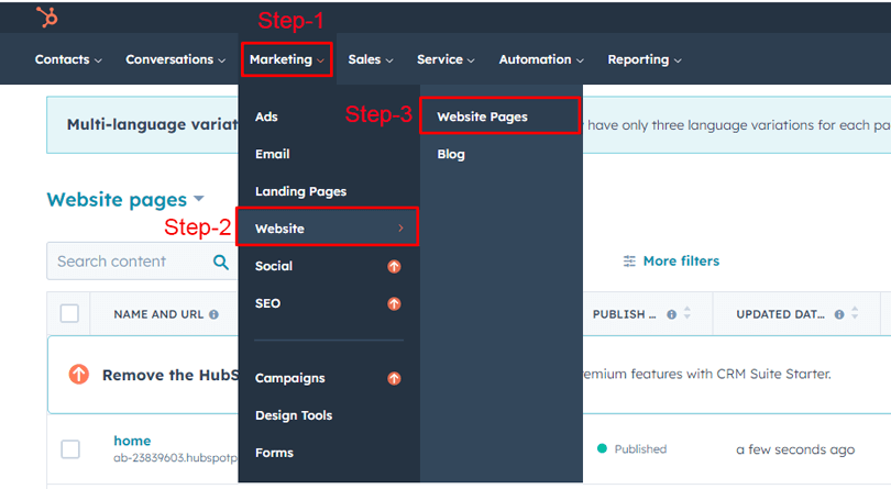 Click on Website pages