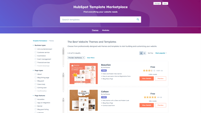 Explore HubSpot Free Themes Library