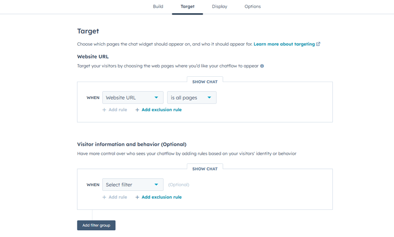 Go to the “Target” tab. Add defined page rules for which page the chat would be visible.